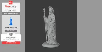 A 3D model of Saint Anthimus holding a staff and book, wearing a robe and hat, ideal for printing.