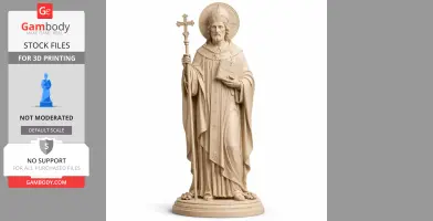 A detailed statue of a saint holding a cross and book, wearing a robe and mitre, set on a round base.