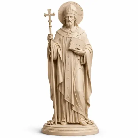 Saint Anthimus statue holding cross and book, wearing robes and mitre, standing on a circular base.