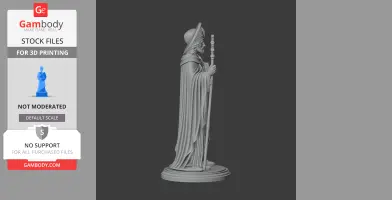 A detailed 3D model of a robed figure holding a staff, wearing a helmet-like headpiece, on a decorative base.