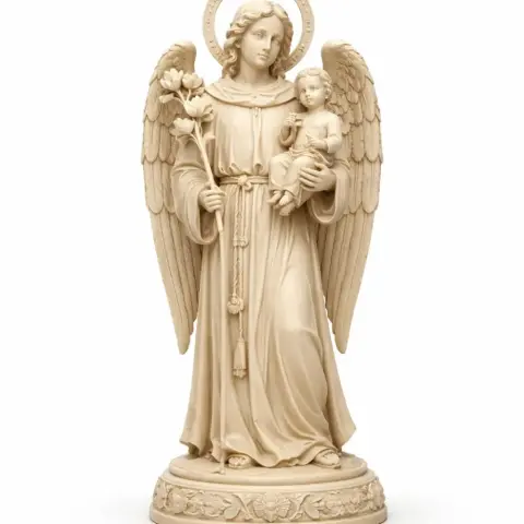 An angelic figure with wings holds a child and lilies, standing on a decorative pedestal.