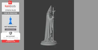 A 3D model of a robed figure holding a staff, wearing a mitre, on a round base for printing.