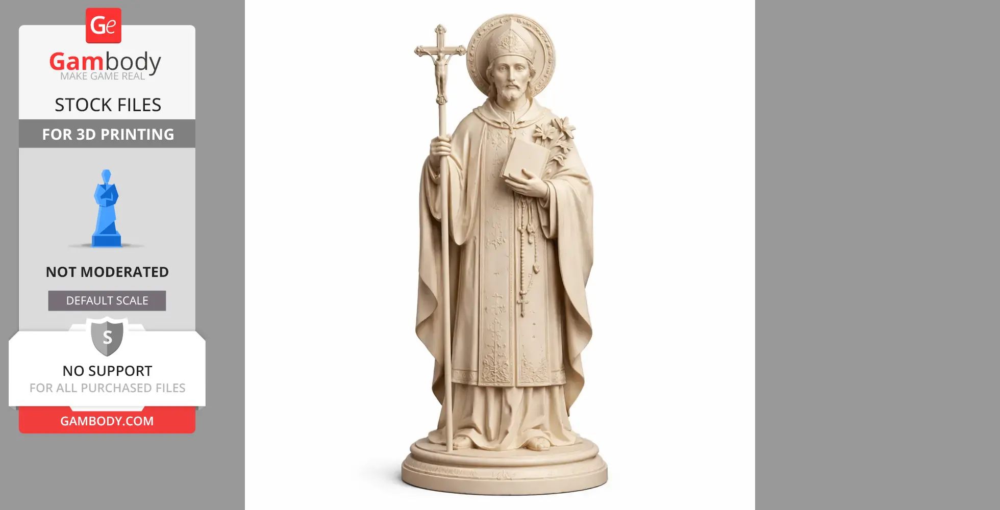 A detailed devotional statue of Saint Anthony holding a cross and lilies, in a standing pose on a round base.
