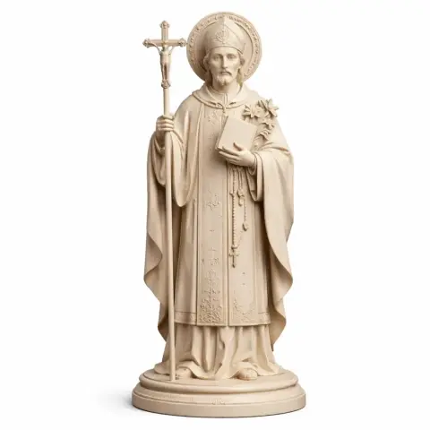 A 3D model of Saint Anthony Fantosati holding a cross and book, wearing religious robes.