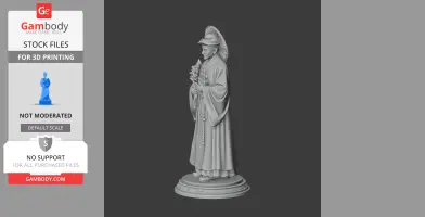 A 3D statue of a robed figure holding lilies, wearing a hat, on a decorated pedestal base.