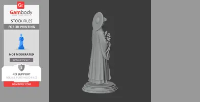 Statue of a robed figure holding flowers, with a large hat, on a decorated pedestal.
