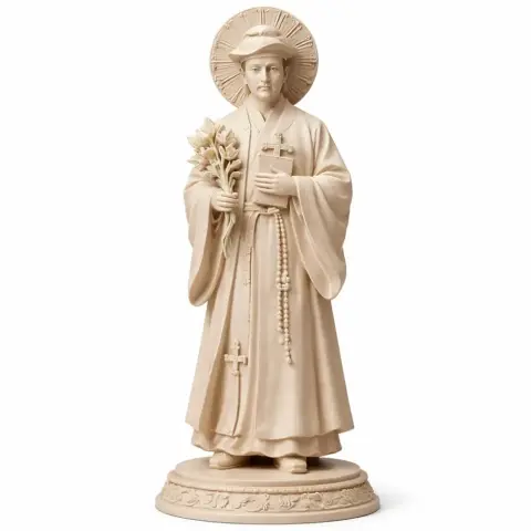 A detailed statue of Saint Anthony Kim Songu holding flowers and a book, wearing robes and a halo.
