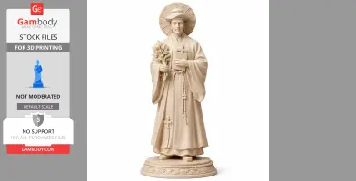 Devotional statue of a robed figure with a halo, holding a book and lilies, standing on an ornate base.
