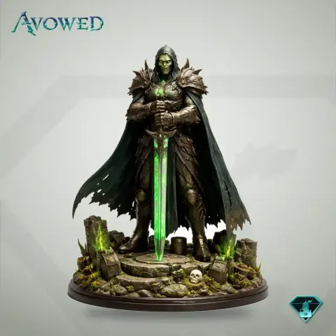 Armored warrior with a glowing green sword, hooded cloak, standing on a detailed rocky base with skulls.