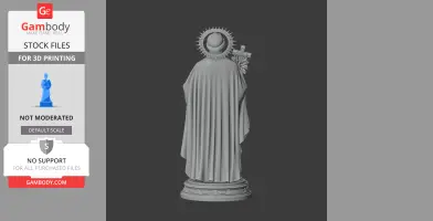 A 3D model of a robed figure with a halo and cross, standing on a decorative base, viewed from the back.