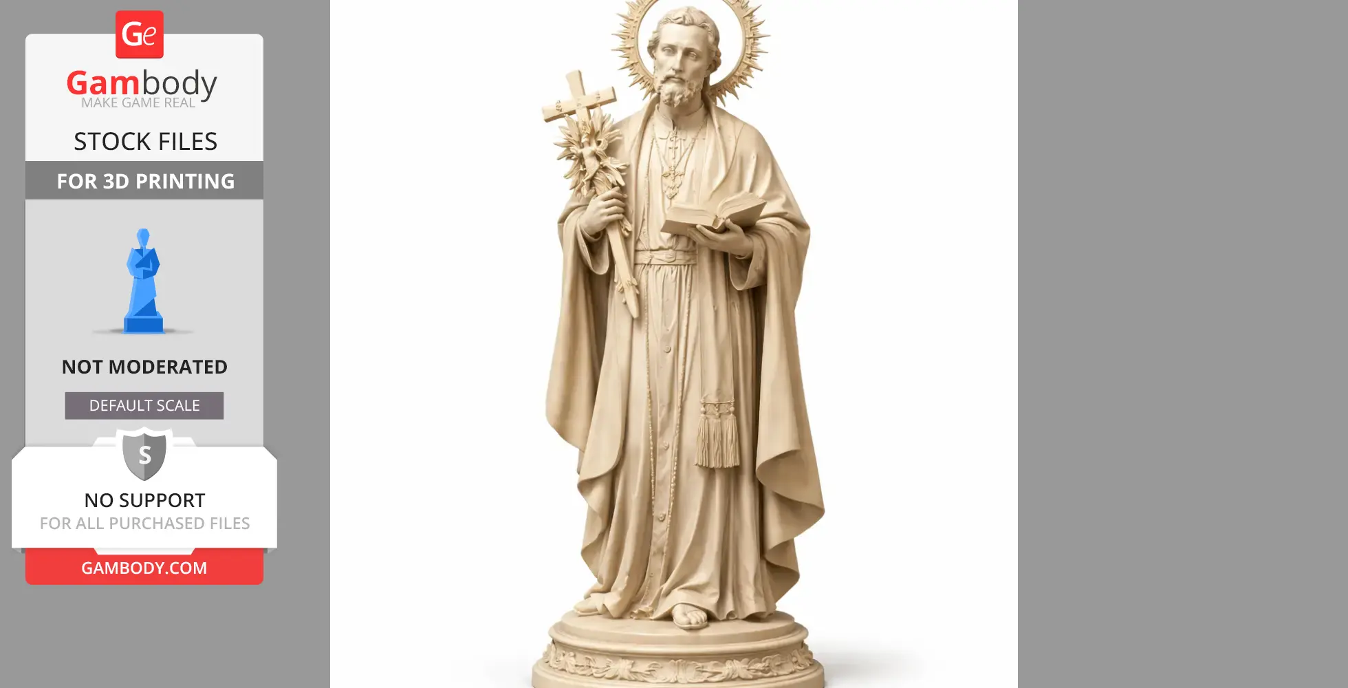 Statue of Saint Anthony Maria Zaccaria holding a cross and book, with a halo and intricate robes.