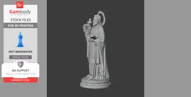 A 3D model of a robed figure holding a cross and book, with a halo. Designed for 3D printing.