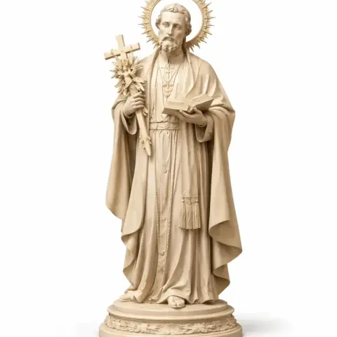 A 3D printable statue of a saint holding a cross and book, with a halo and flowing robes.