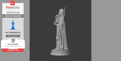 A 3D model of a robed figure holding flowers and a book, standing on an ornate base.