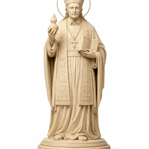 3D printable statue of Saint holding a flame and a book, wearing a robe and mitre.