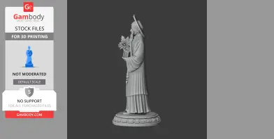 A 3D model of a saint holding flowers, wearing traditional robes and a hat, standing on a decorative base.