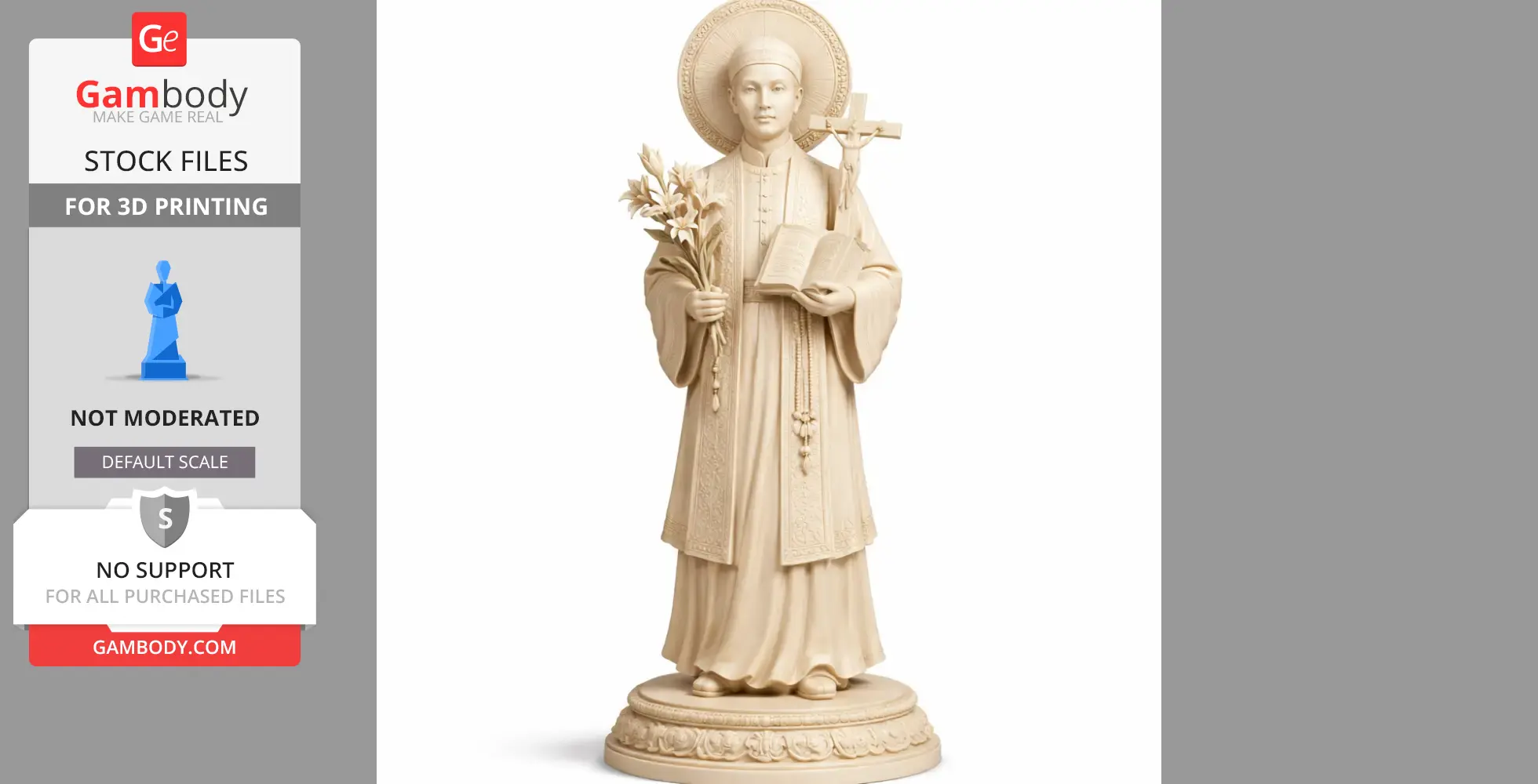 A devotional statue holding flowers and a cross, with intricate robe detailing and a halo, on a decorative base.