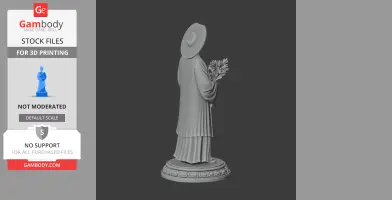 A 3D model of a robed figure with a wide-brimmed hat, holding flowers, standing on a decorated pedestal.