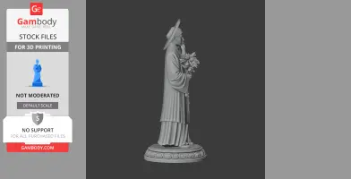 A detailed 3D statue of a standing figure holding flowers, wearing a hat and robe, on a decorative base.