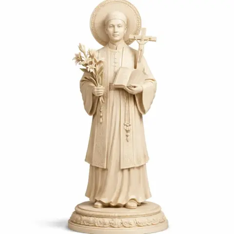 A detailed statue of a robed figure holding a book, cross, and flowers, standing on a decorated base.