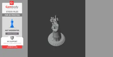 A 3D model of a robed figure holding flowers, wearing a large hat, on a decorative base.