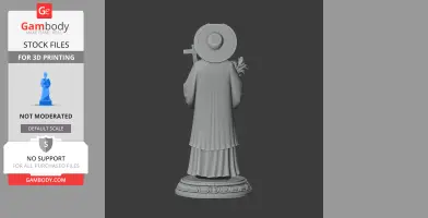 A devotional statue with a hat, holding a cross and flowers, standing on a decorated base.