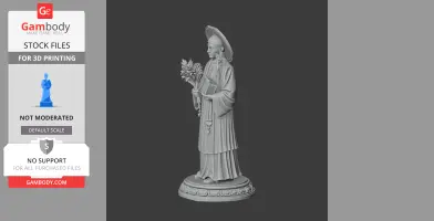 A detailed 3D statue of a standing figure holding flowers and a book, wearing a wide-brimmed hat and robes.
