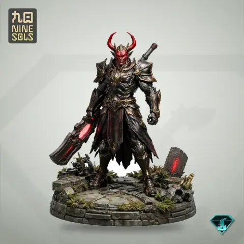 Armored warrior figure with red horns and sword, standing on a detailed rocky base.