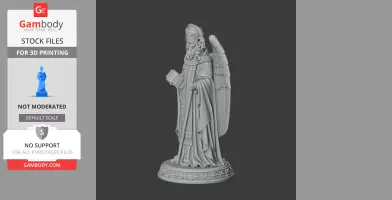 A winged statue of a robed figure holding a staff and book, standing on a decorative base.