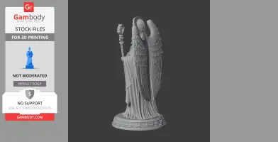 A 3D statue of Saint Anthony with wings, holding a staff, standing on a decorative base.