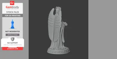 Winged statue holding a book, detailed robe and feathers, standing on a decorative base.