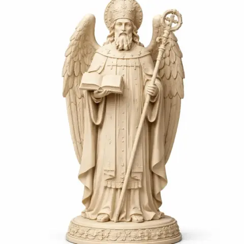 A detailed statue of Saint Anthony with wings, holding a book and staff, wearing ornate robes and a mitre.