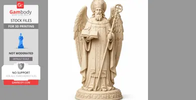 A detailed statue of Saint with wings, holding a staff and book, in ornate robes on a decorated base.