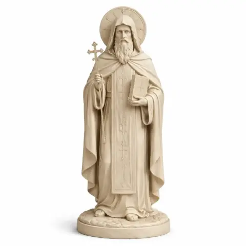 A detailed 3D statue of a robed figure holding a cross and book, standing on a circular base.
