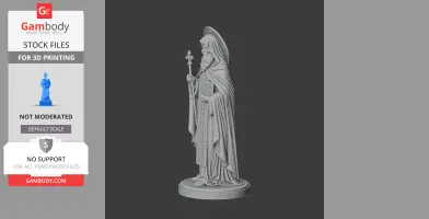 A detailed 3D statue of a hooded figure holding a staff and book, standing on a round base.