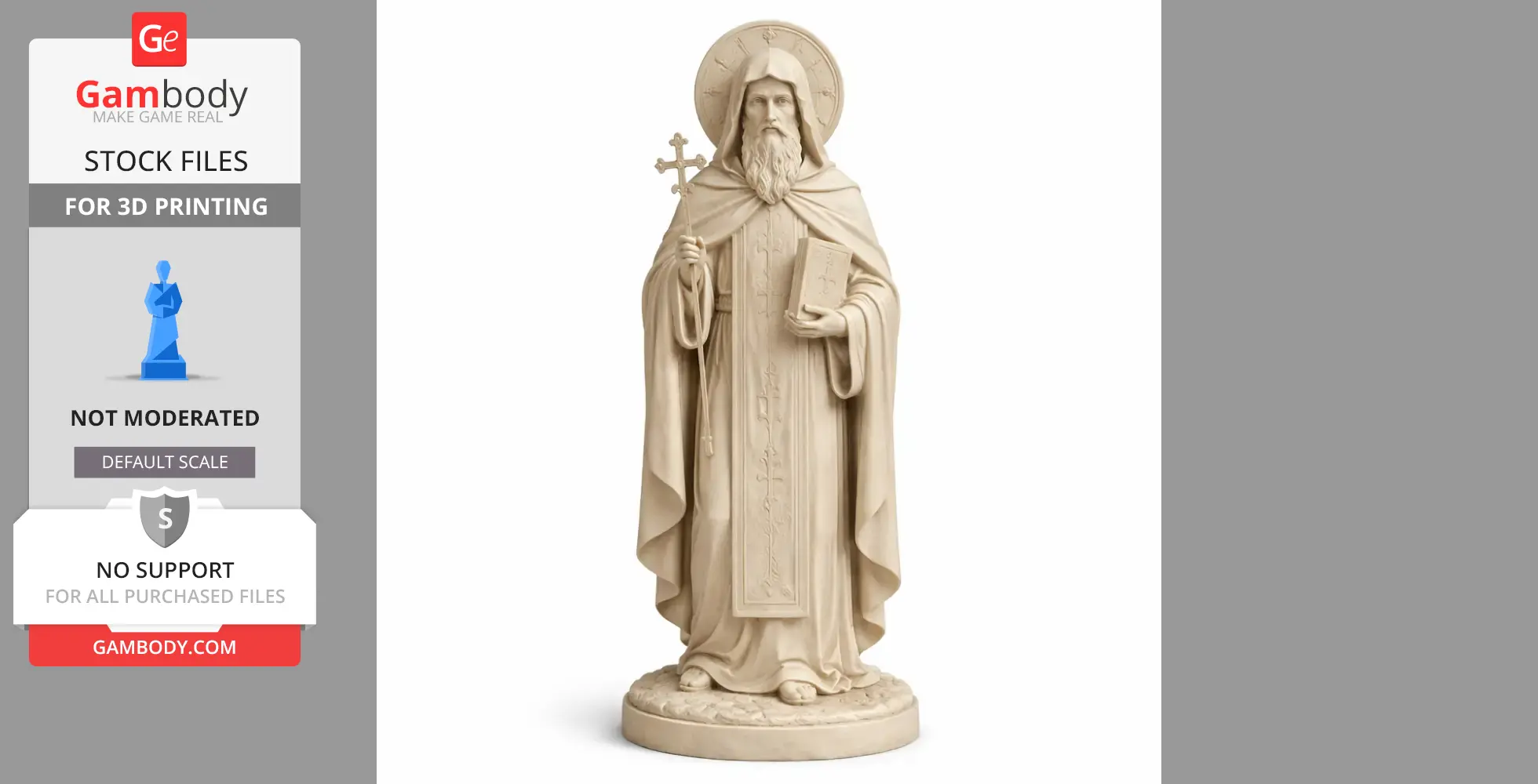 A devotional statue of Saint Anthony of Kiev holding a cross and book, designed for 3D printing.