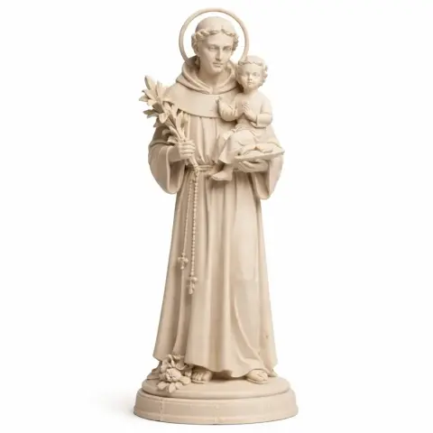A detailed statue of Saint Anthony holding a child and lilies, with a halo, designed for 3D printing.