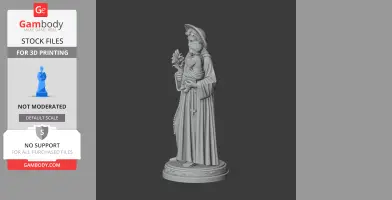 A 3D model of a robed figure holding flowers and a child, standing on a decorated base.