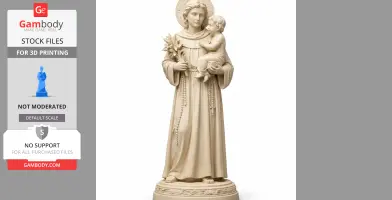 A devotional statue of Saint Anthony holding a child, adorned with lilies and a rosary.