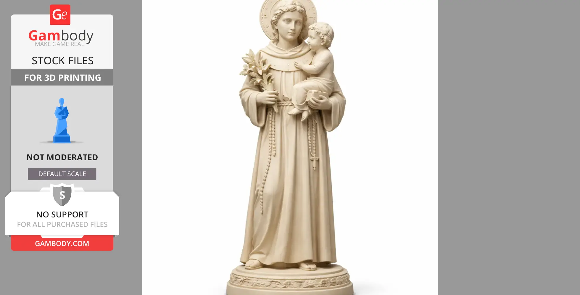 A devotional statue of Saint Anthony holding a child, adorned with lilies and a rosary.