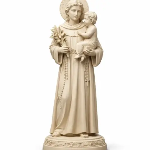 A devotional statue of Saint Anthony holding a child, designed for 3D printing.