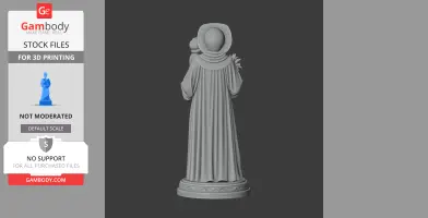 A 3D model of a cloaked figure holding an infant, viewed from the back, on a decorative base.