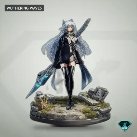 A detailed figure of a woman with wolf-like features and a large sword, standing on a rocky base.