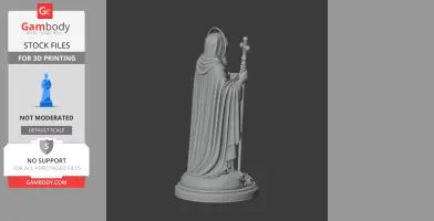 A cloaked figure holding a staff, standing on a pedestal with draped robes.