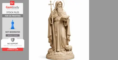 Statue of a bearded man in robes holding a cross and book, with animal figures at his feet.