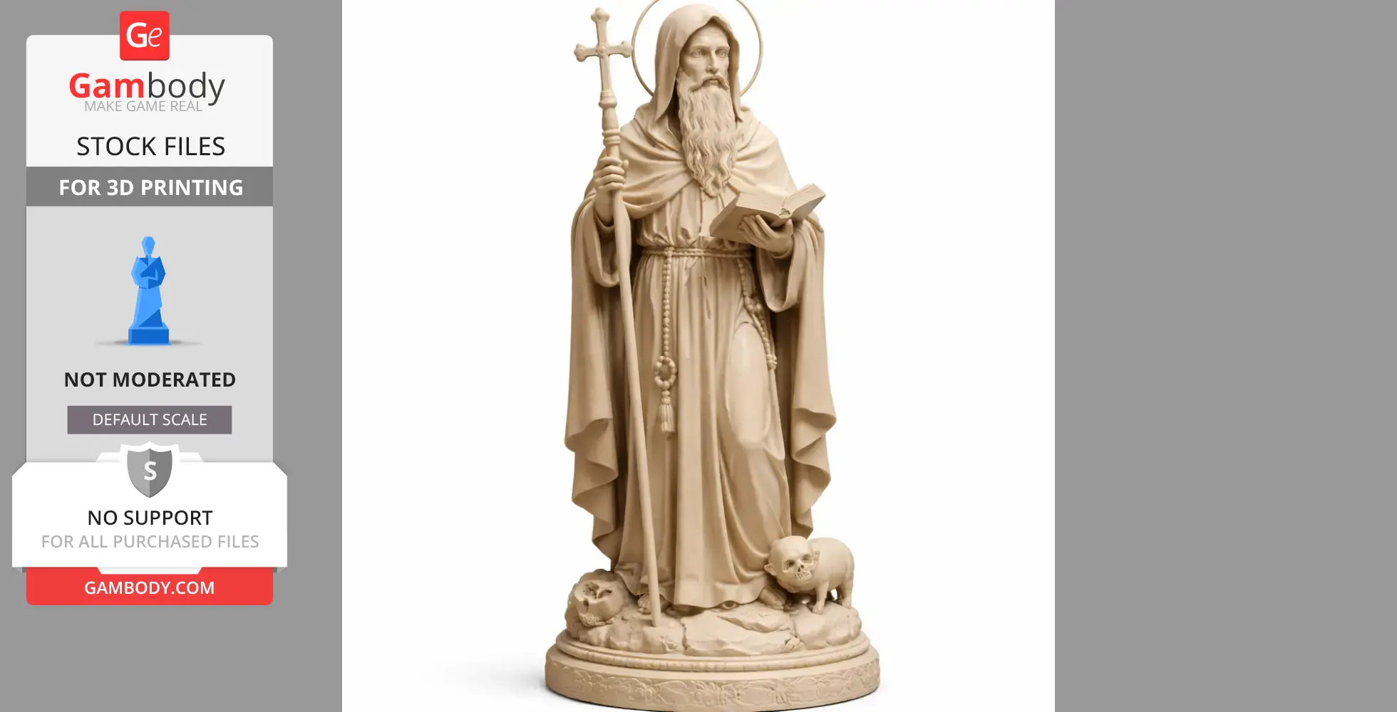 Statue of a bearded man in robes holding a cross and book, with animal figures at his feet.