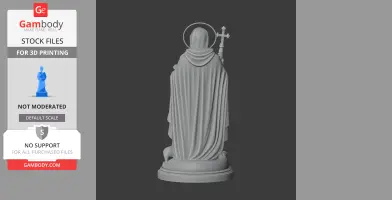A 3D statue of Saint Anthony the Great, draped in a cloak, holding a cross, with a halo.