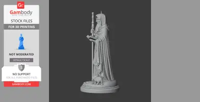A 3D printable statue of a robed figure holding a staff and a book, with a pig at the base.