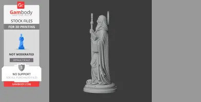 A 3D statue of a robed figure with a staff and book, standing on a base with a skull.
