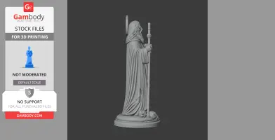 Saint Anthony the Hermit statue, holding a staff, depicted in a robe with hood, standing on a base.